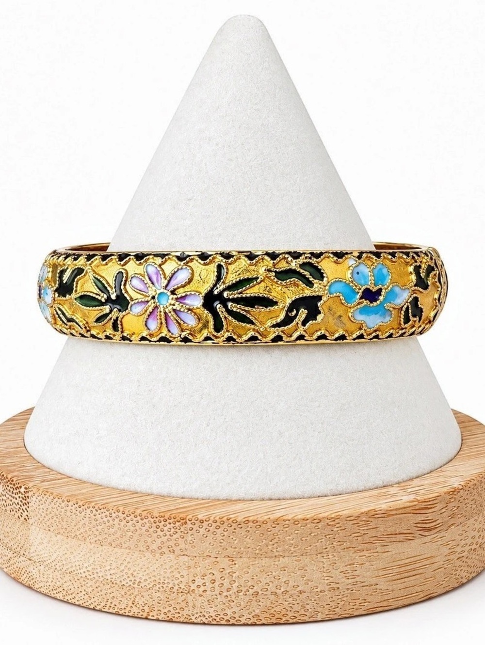 Vintage Cloisonne Enamel Floral Gold Tone Hinged Bangle Bracelet Cottagecore